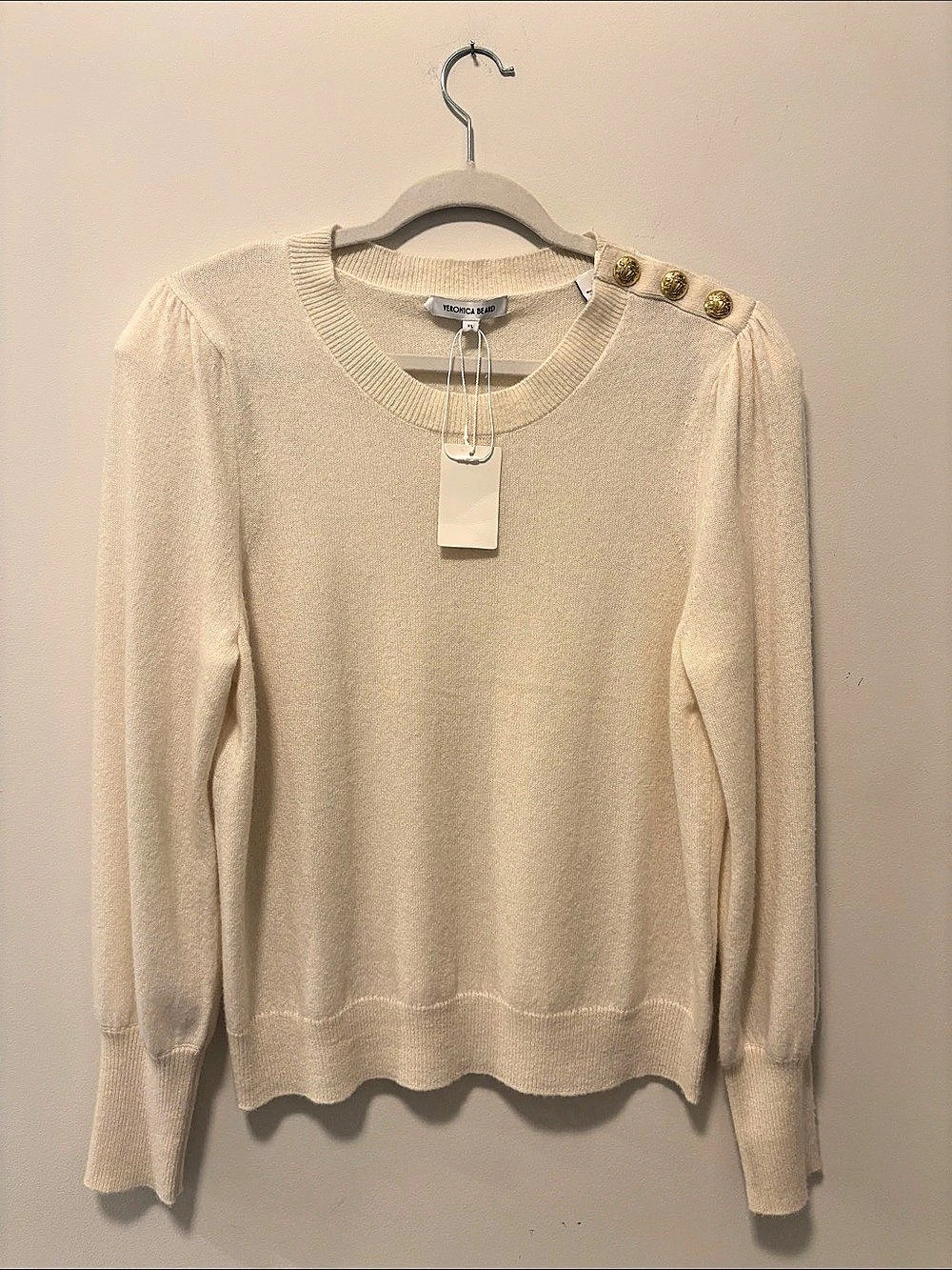 Veronica Beard Nelia Cashmere Sweater Crew Neck Sweater with Gold-Tone Buttons